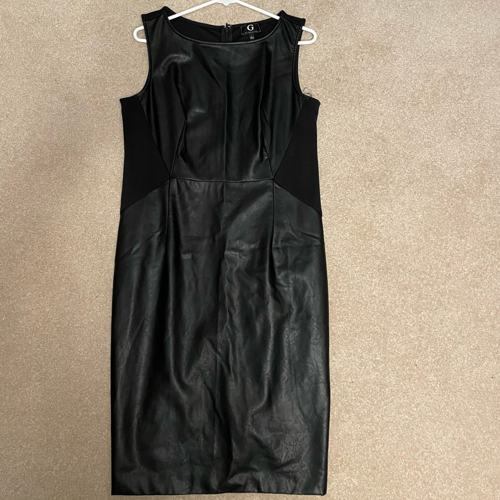 198. NWOT -G by Giuliana Black Sleeveless Faux Leather Dress w/Ponte back, Sz L